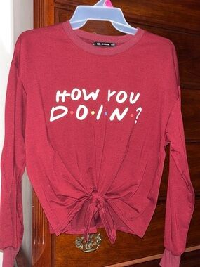 SHEIN Maroon 'How You Doin?' Long Sleeve Tie-Front Tee